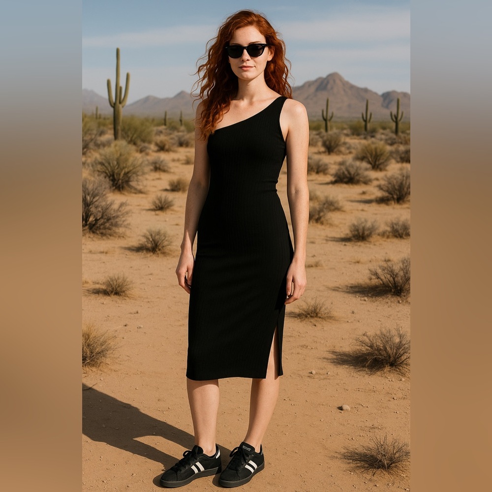 Old Navy Active Ribbed One-Shoulder Midi Dress – Black (Small Tall)